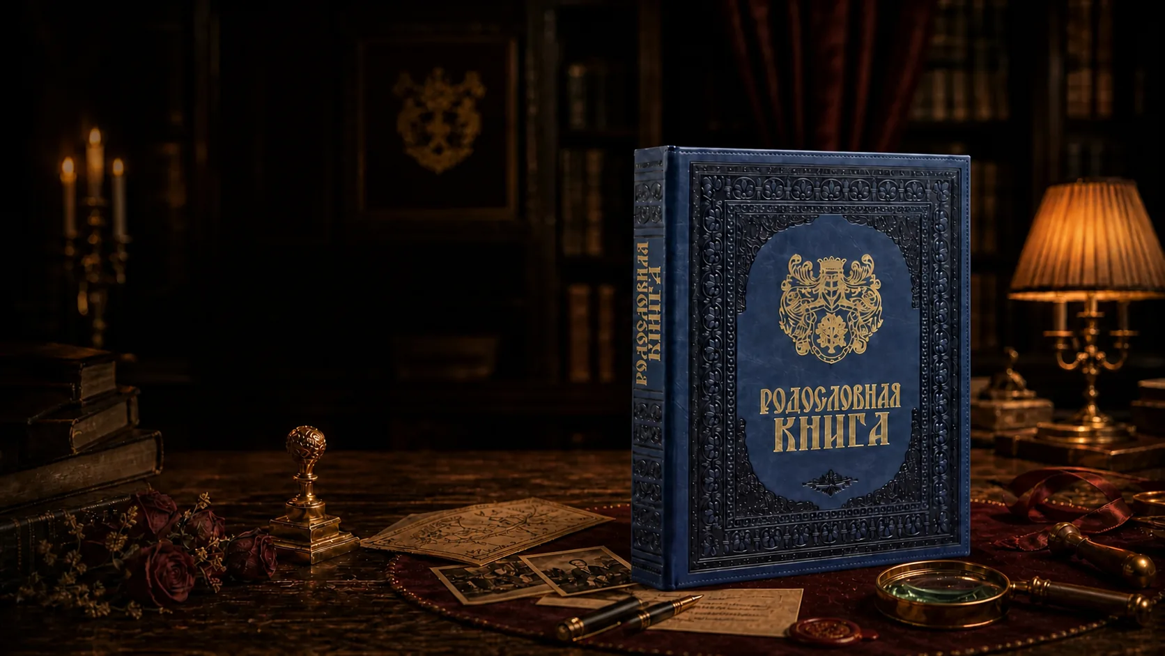 Синяя фамильная книга с гербом